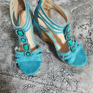 Beautiful teal wedge sandals